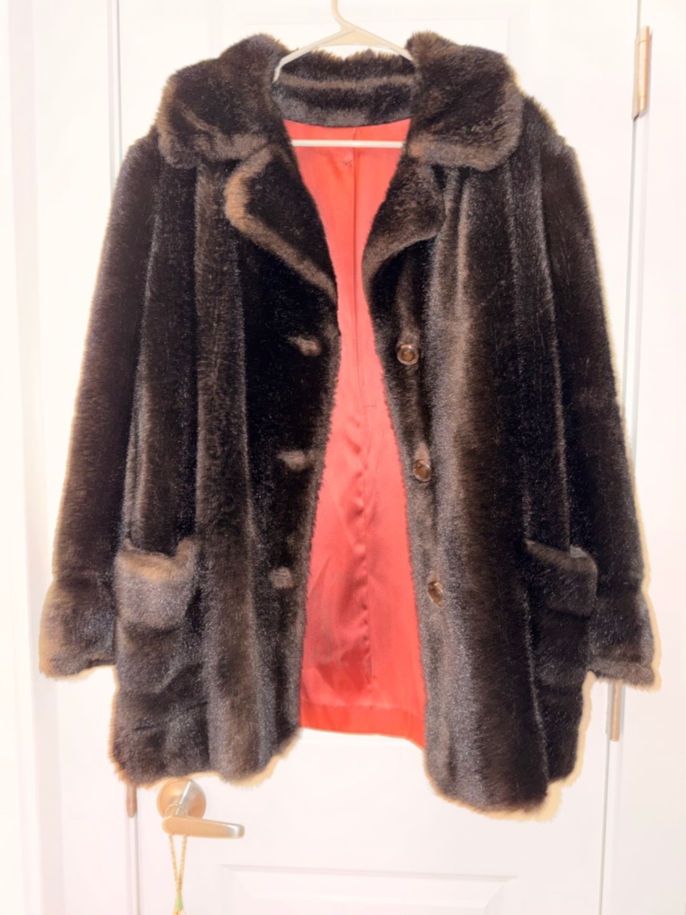 Women's Brown Faux-Fur Pea Coat with Red Lining